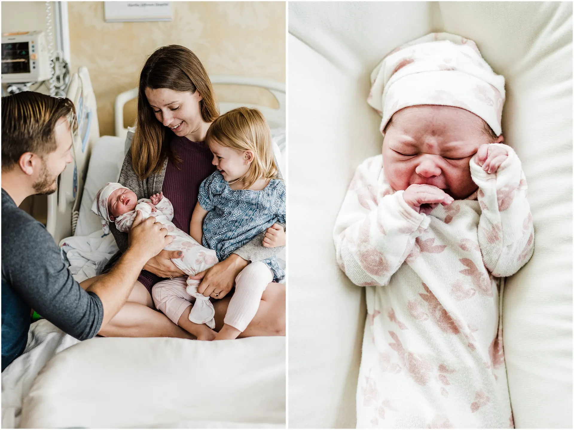 family of four holding new baby at the hospital