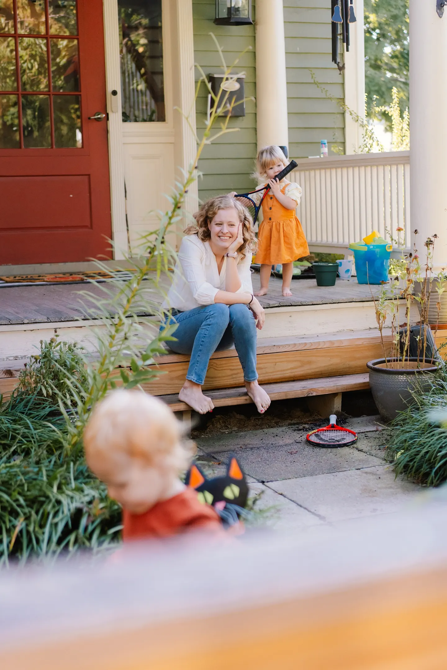 in home family photo session with triplets