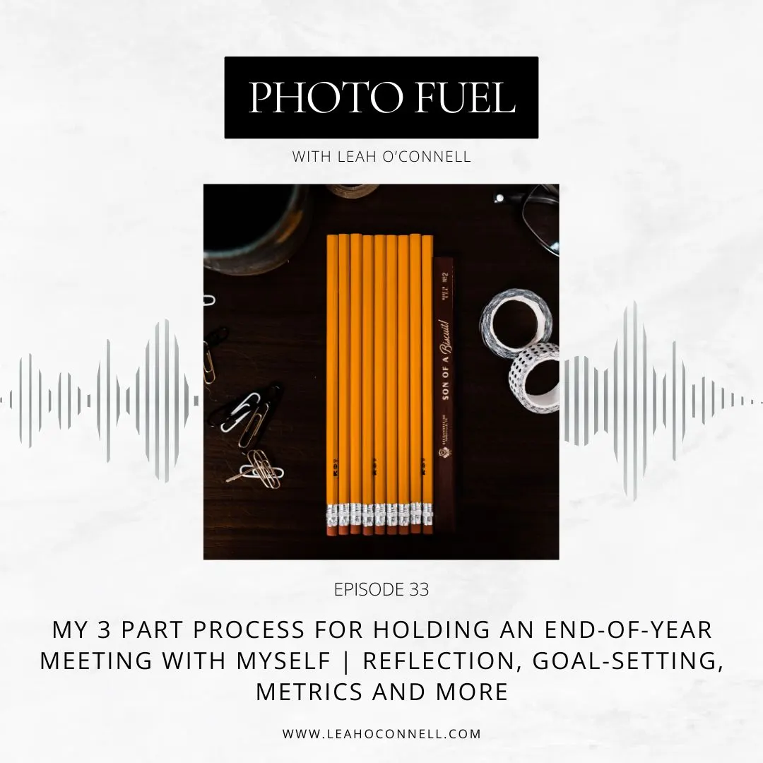 Cover art for "My 3 part process for holding an end-of-year meeting with myself | reflection, goal-setting, metrics and more" — the Photo Fuel podcast