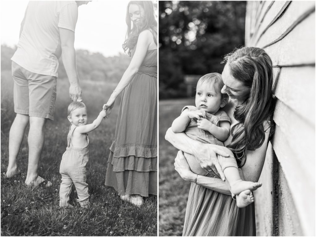 family photos in a field and creek