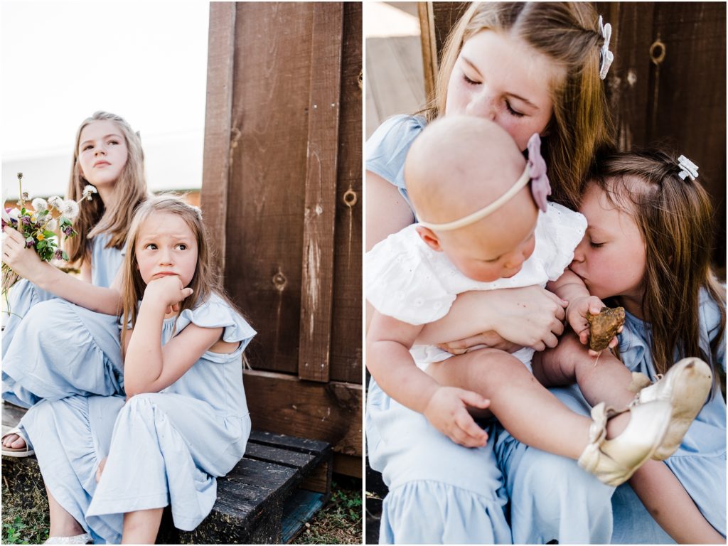 family photos with three sisters at an orchard