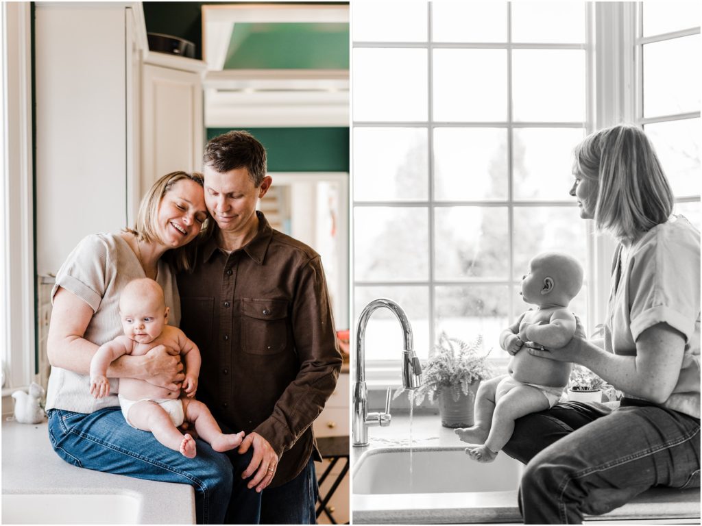 3 month old baby for newborn photos at home getting a sink bath