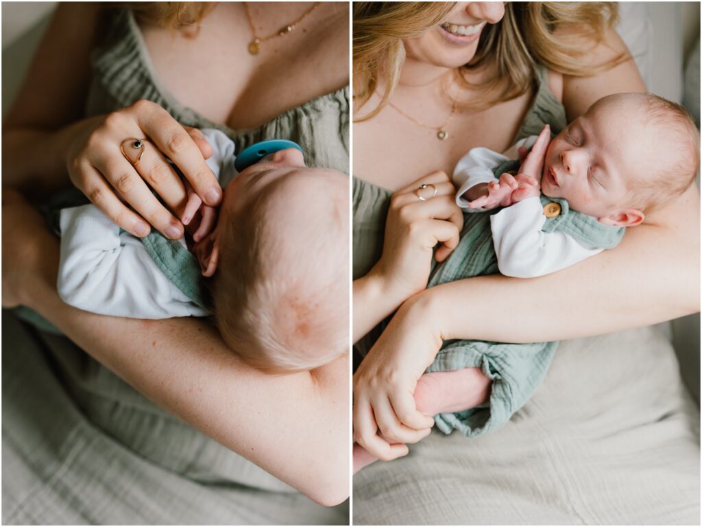 close up detail photo of mom with newborn in a summer newborn photo session at home