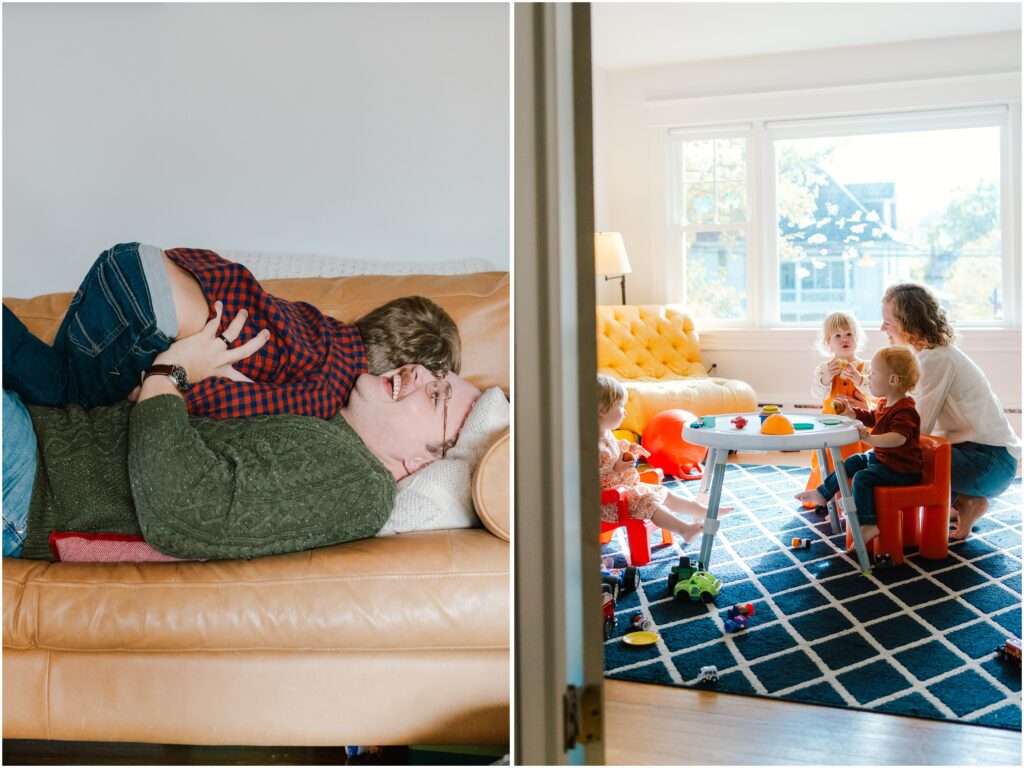 lifestyle family photo session at home with triplets