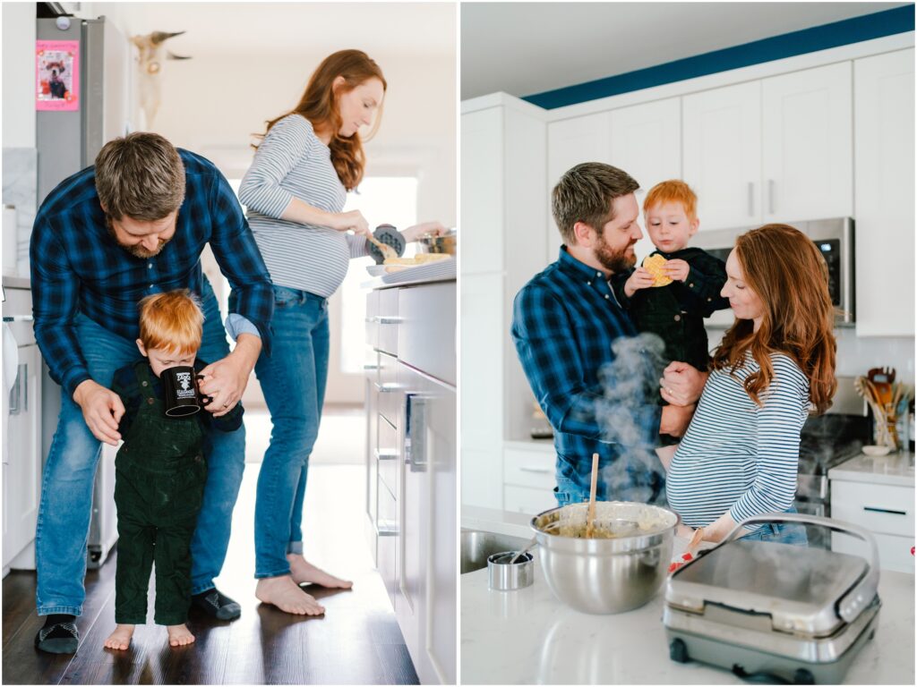 Charlottesville family photos at home making breakfast