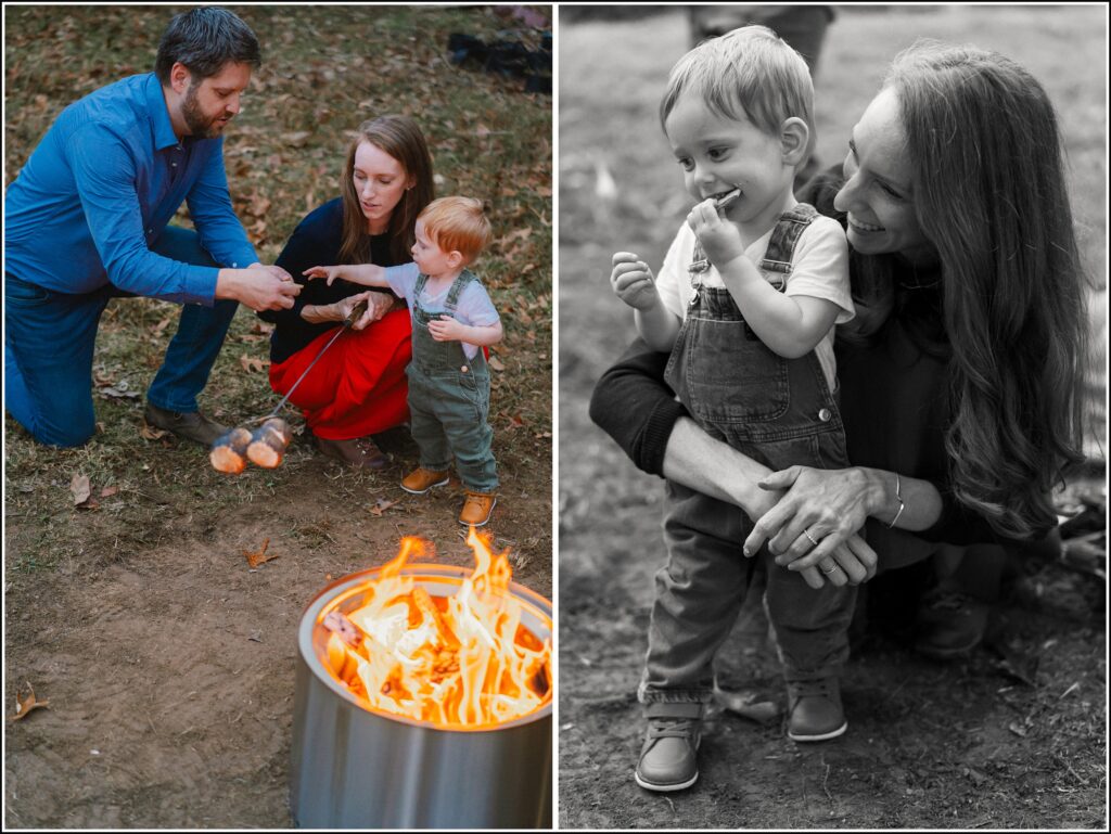 family photos making s'mores around a campfire 