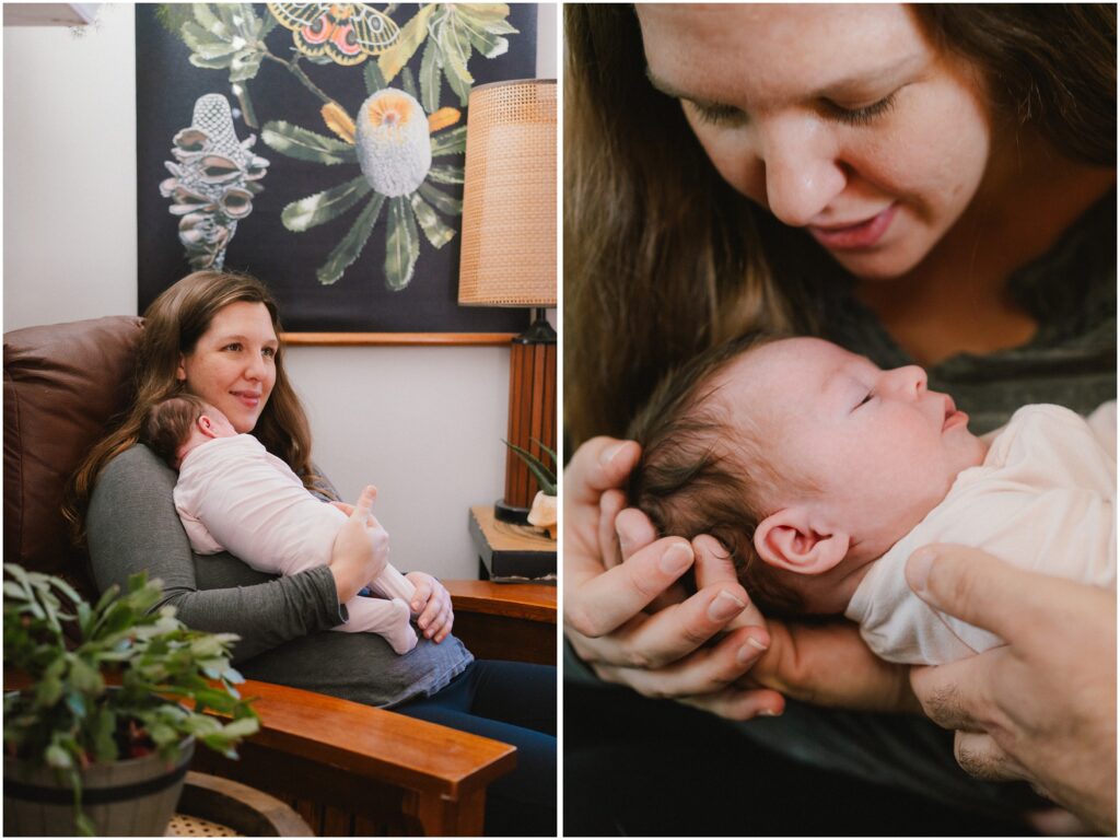 mother and baby girl at home in winter newborn photos, richmond va