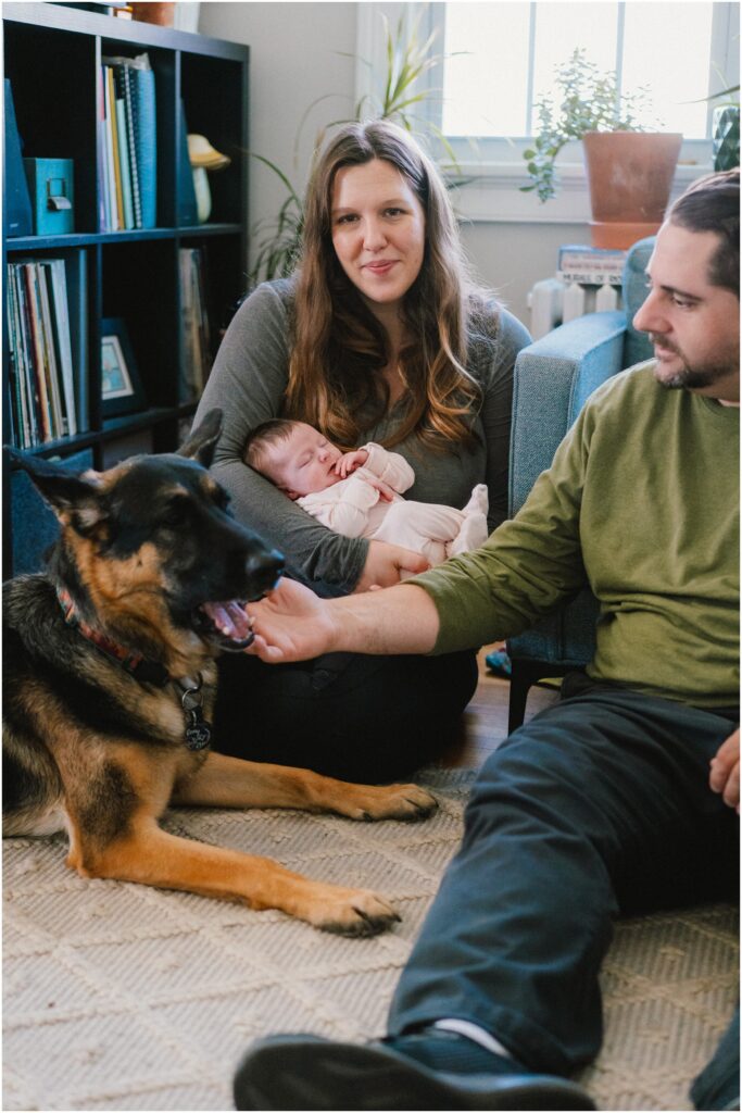 casual, winter newborn photos at home with large dog in Richmond, VA