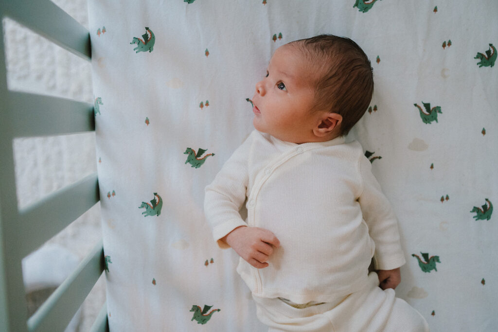 lifestyle newborn photo of baby boy in crib by charlottesville newborn photographer